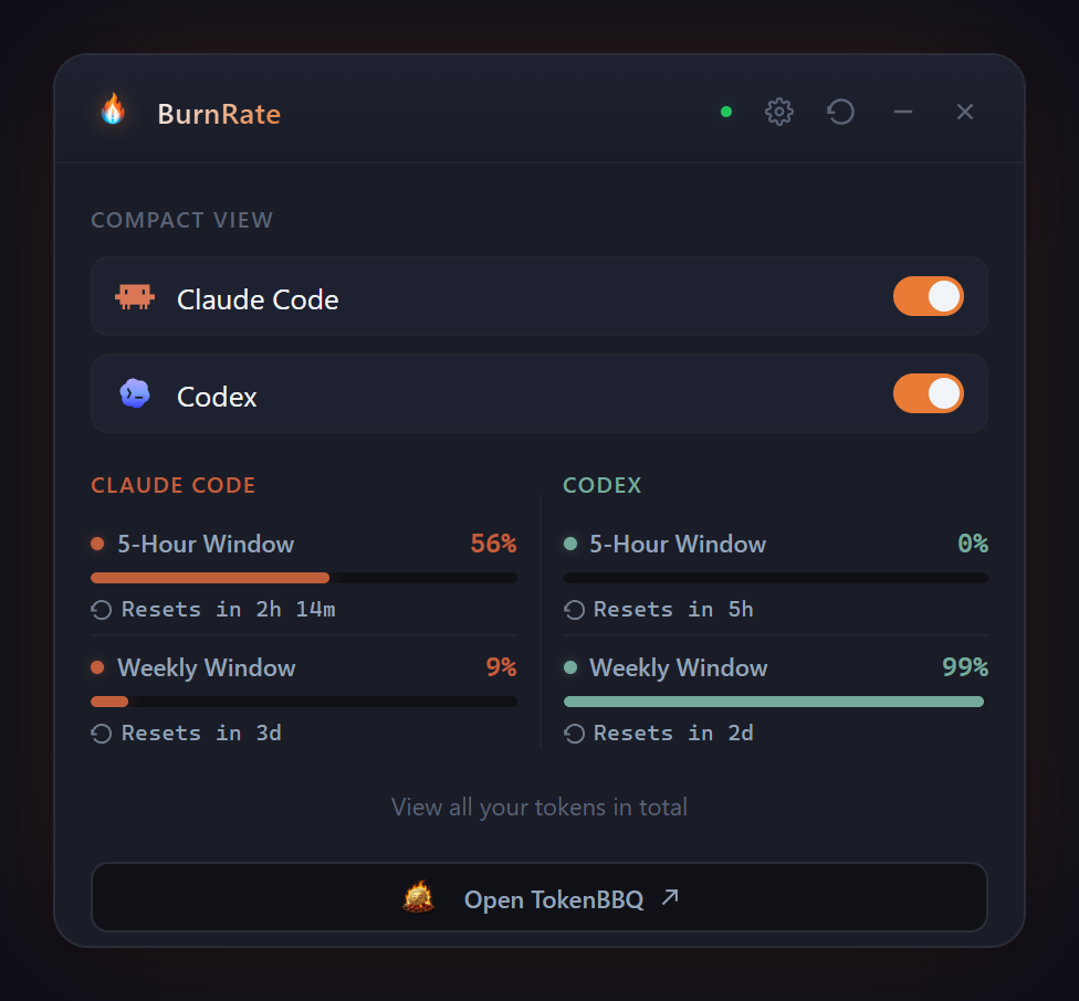 BurnRate expanded panel with Claude and Codex limit details
